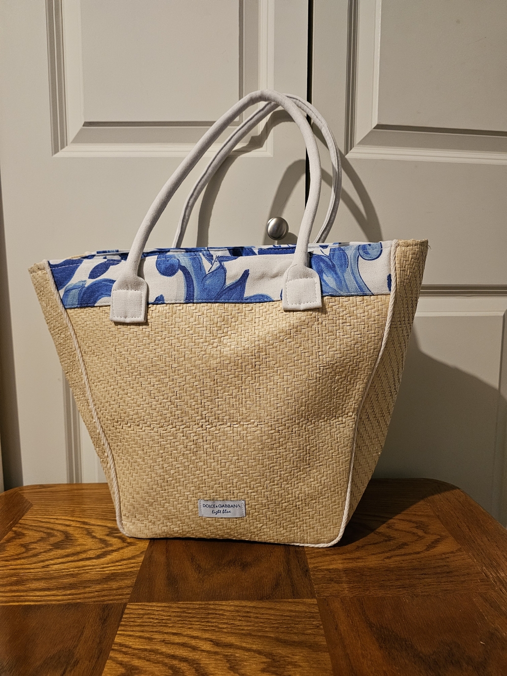 Dolce & Gabbana Beige Straw Tote with Blue Accent